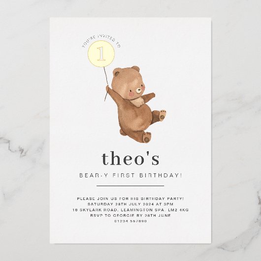 Teddy Bear First Birthday Gold Folieneinladung (Vorderseite)