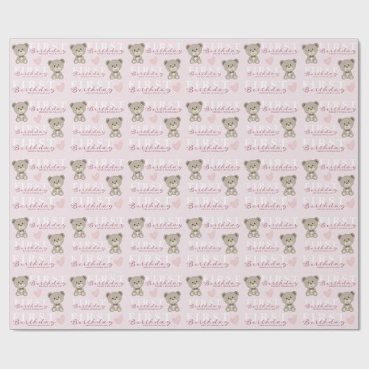 Teddy Bear FIRST Birthday Pink Themed Party Geschenkpapier (Flach)