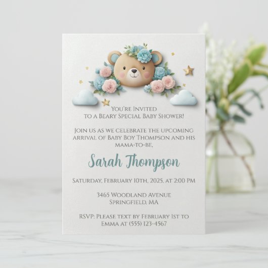 Teddy Bear Floral Einladung (Stehend Vorderseite)