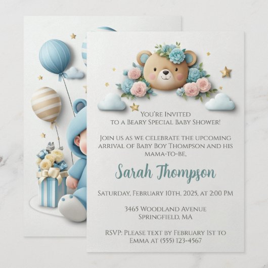 Teddy Bear Floral Einladung (Vorne/Hinten)