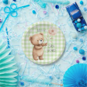 Teddy Bear Floral Gingham Pattern Baby Boy Dusche Pappteller (Party)