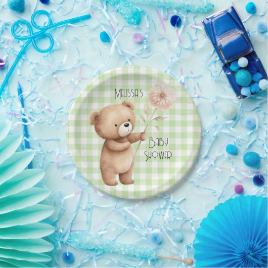 Teddy Bear Floral Gingham Pattern Baby Boy Dusche Pappteller (Party)