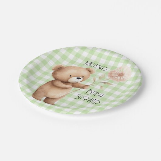 Teddy Bear Floral Gingham Pattern Baby Boy Dusche Pappteller (Schrägansicht)
