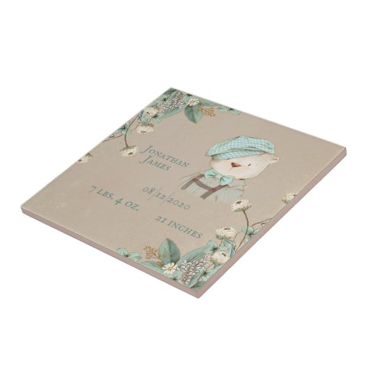 Teddy Bear Floral Name Personalize Birth Stats Fliese (Seite)