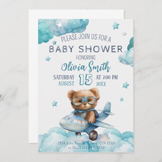 Teddy Bear Flugzeug Bearly Wait Baby Dusche Einladung (Vorne/Hinten)