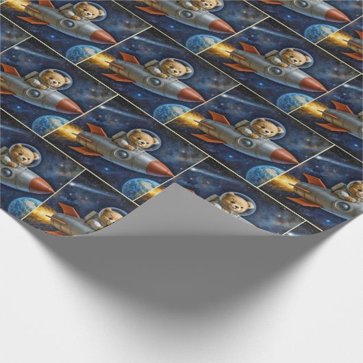 Teddy Bear Flying In a Rocket Ship Geschenkpapier (Ecke)