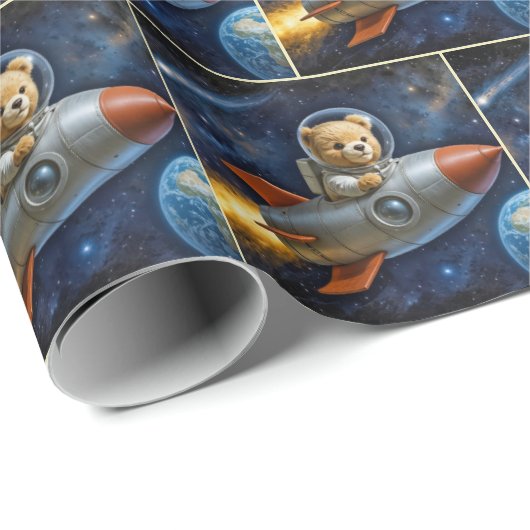Teddy Bear Flying In a Rocket Ship Geschenkpapier (Rolleneckpunkt)