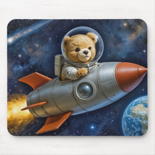 Teddy Bear Flying In a Rocket Ship Mousepad (Vorne)