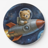 Teddy Bear Flying In a Rocket Ship Pappteller (Vorderseite)