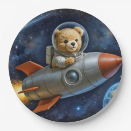 Teddy Bear Flying In a Rocket Ship Pappteller