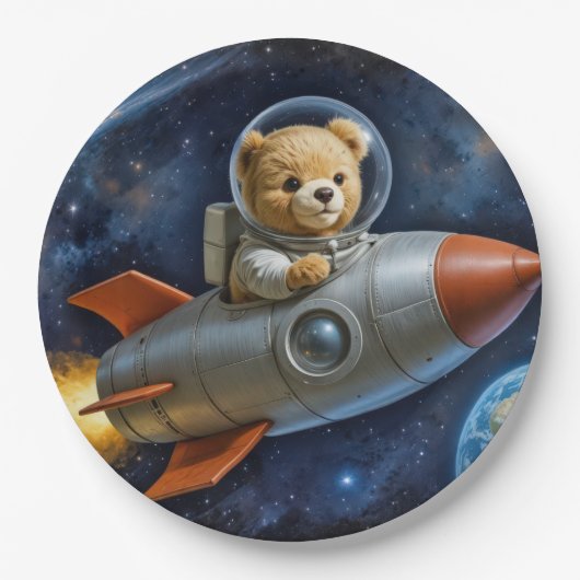 Teddy Bear Flying In a Rocket Ship Pappteller (Vorderseite)