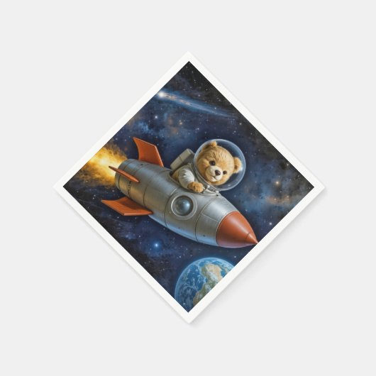 Teddy Bear Flying In a Rocket Ship Serviette (Ecke)
