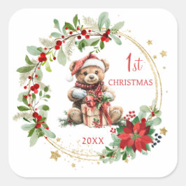 Teddy Bear Foliage Poinsettia Baby 1. Weihnachten Quadratischer Aufkleber