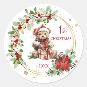 Teddy Bear Foliage Poinsettia Baby 1. Weihnachten Runder Aufkleber
