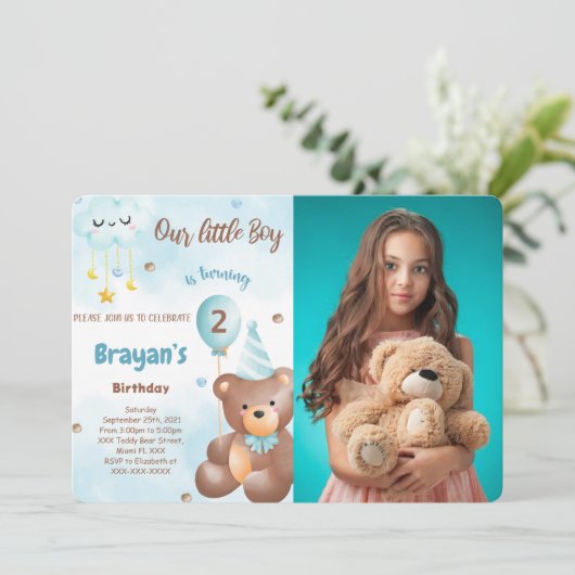 Teddy Bear Foto Einladung (Stehend Vorderseite)