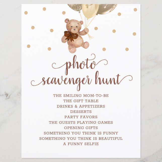 Teddy Bear Foto Scavenger Hunt Baby Showspiel (Vorderseite)
