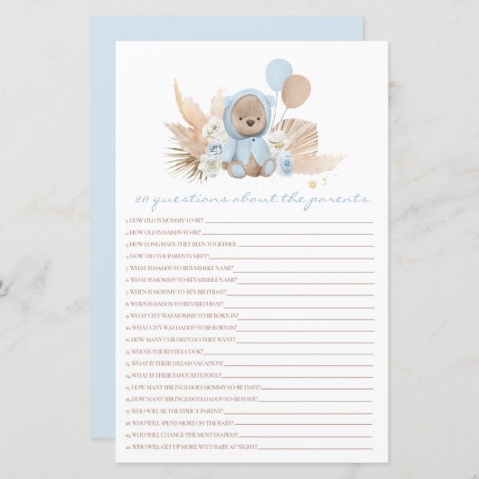 Teddy Bear Fragen zum Kinderspiel der Eltern (Vorne/Hinten)