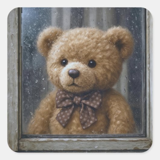 Teddy Bear Gazing Out of a Rainy Window Quadratischer Aufkleber (Vorderseite)