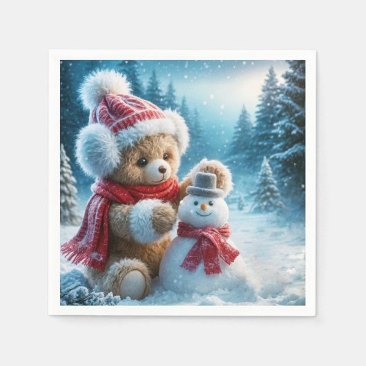 Teddy Bear Gebäude a Snowman Serviette (Vorderseite)