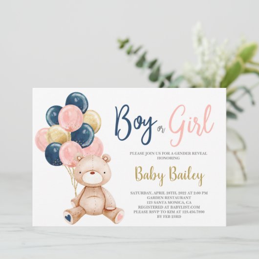 Teddy Bear Gender Einladung (Stehend Vorderseite)