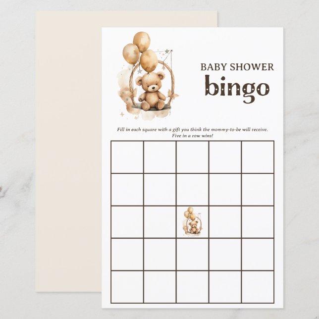 Teddy Bear Gender Neutral Baby Shower Bingo Spiel (Vorne/Hinten)