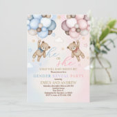 Teddy Bear Gender Reveal Baby Shower Einladung (Stehend Vorderseite)