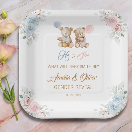 Teddy Bear Gender Reveal Pastel Florals Pappteller