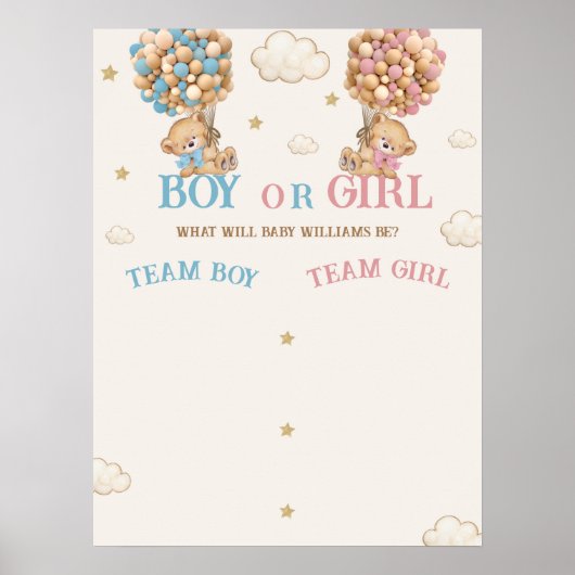 Teddy Bear Gender Reveal Voting Game Sign Poster (Vorne)