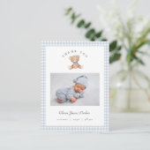 Teddy Bear Gingham Baby Boy Birth Announcement Postkarte (Stehend Vorderseite)