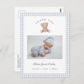 Teddy Bear Gingham Baby Boy Birth Announcement Postkarte (Vorne/Hinten)