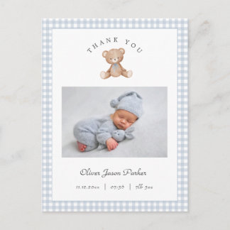 Teddy Bear Gingham Baby Boy Birth Announcement Postkarte