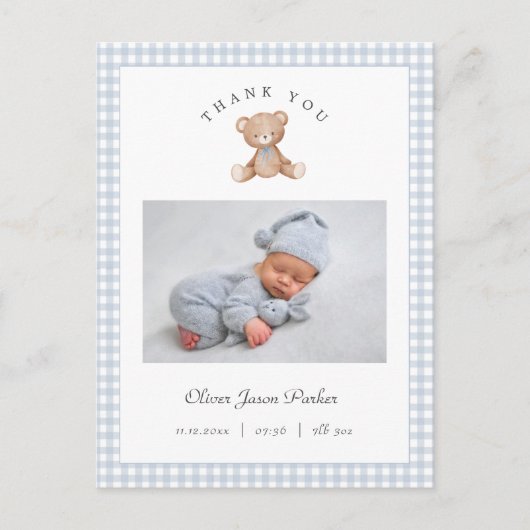 Teddy Bear Gingham Baby Boy Birth Announcement Postkarte (Vorderseite)
