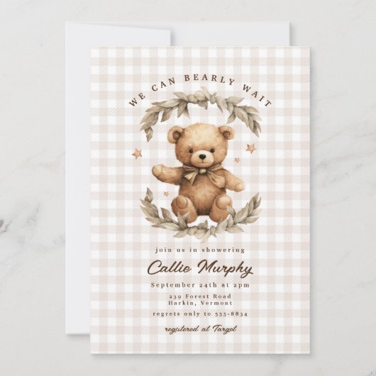 Teddy Bear Gingham Bearly Wait Leafy Baby Shower Einladung (Vorderseite)