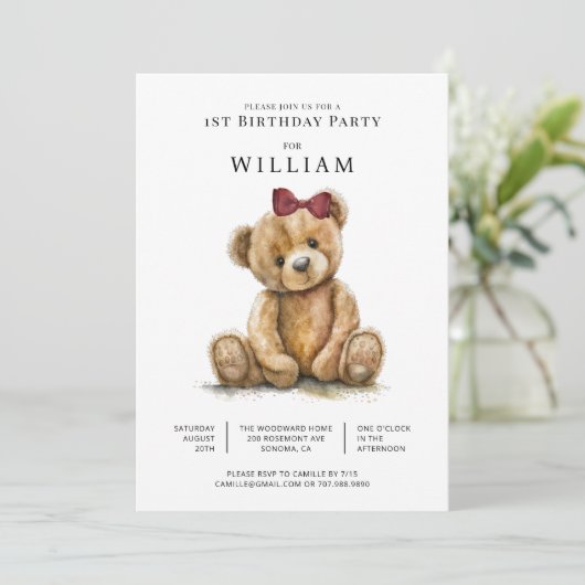 Teddy Bear Girl 1. Geburtstag Einladung (Stehend Vorderseite)