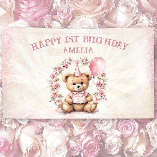 Teddy Bear Girl 1. Geburtstag Pink Roses Banner