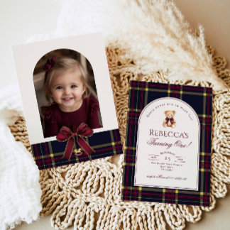 Teddy Bear Girl 1. Geburtstag Preppy Karierter Geb Einladung
