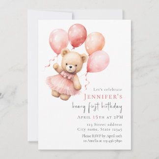 Teddy Bear Girl 1st Birthday Invitation Einladung