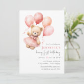 Teddy Bear Girl 1st Birthday Invitation Einladung (Stehend Vorderseite)