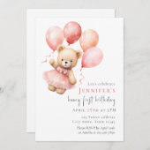 Teddy Bear Girl 1st Birthday Invitation Einladung (Vorne/Hinten)