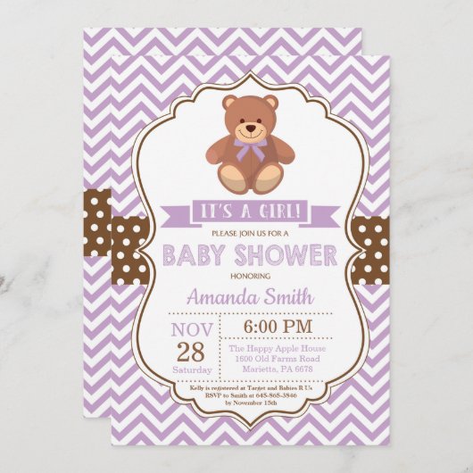 Teddy Bear Girl Babydusche Lila Zickzack Einladung (Vorne/Hinten)