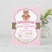 Teddy Bear Girl Babydusche Pink Zickzack Einladung (Stehend Vorderseite)