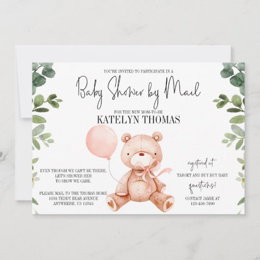 Teddy Bear Girl Greenery Baby Shower by Mail Einladung (Vorderseite)