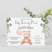 Teddy Bear Girl Greenery Baby Shower by Mail Einladung (Stehend Vorderseite)
