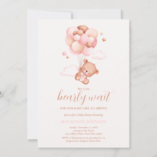 Teddy Bear Girl Pink Bearly Wait Baby Dusche Einladung (Vorderseite)