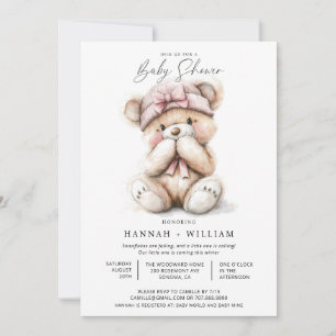 Teddy Bear Girl Pink Hat Baby Dusche Einladung