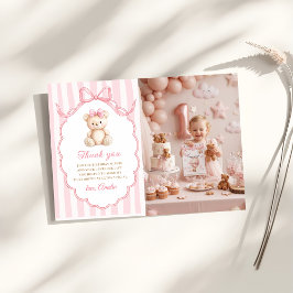 Teddy Bear Girls Pink Bow Stripes 1st Birthday Dankeskarte