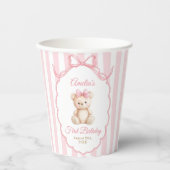 Teddy Bear Girls Pink Bow Stripes 1st Birthday Pappbecher (Vorderseite)