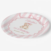 Teddy Bear Girls Pink Bow Stripes 1st Birthday Pappteller (Schrägansicht)