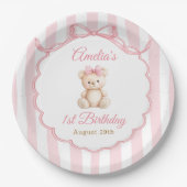 Teddy Bear Girls Pink Bow Stripes 1st Birthday Pappteller (Vorderseite)