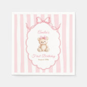 Teddy Bear Girls Pink Bow Stripes 1st Birthday Serviette (Vorderseite)